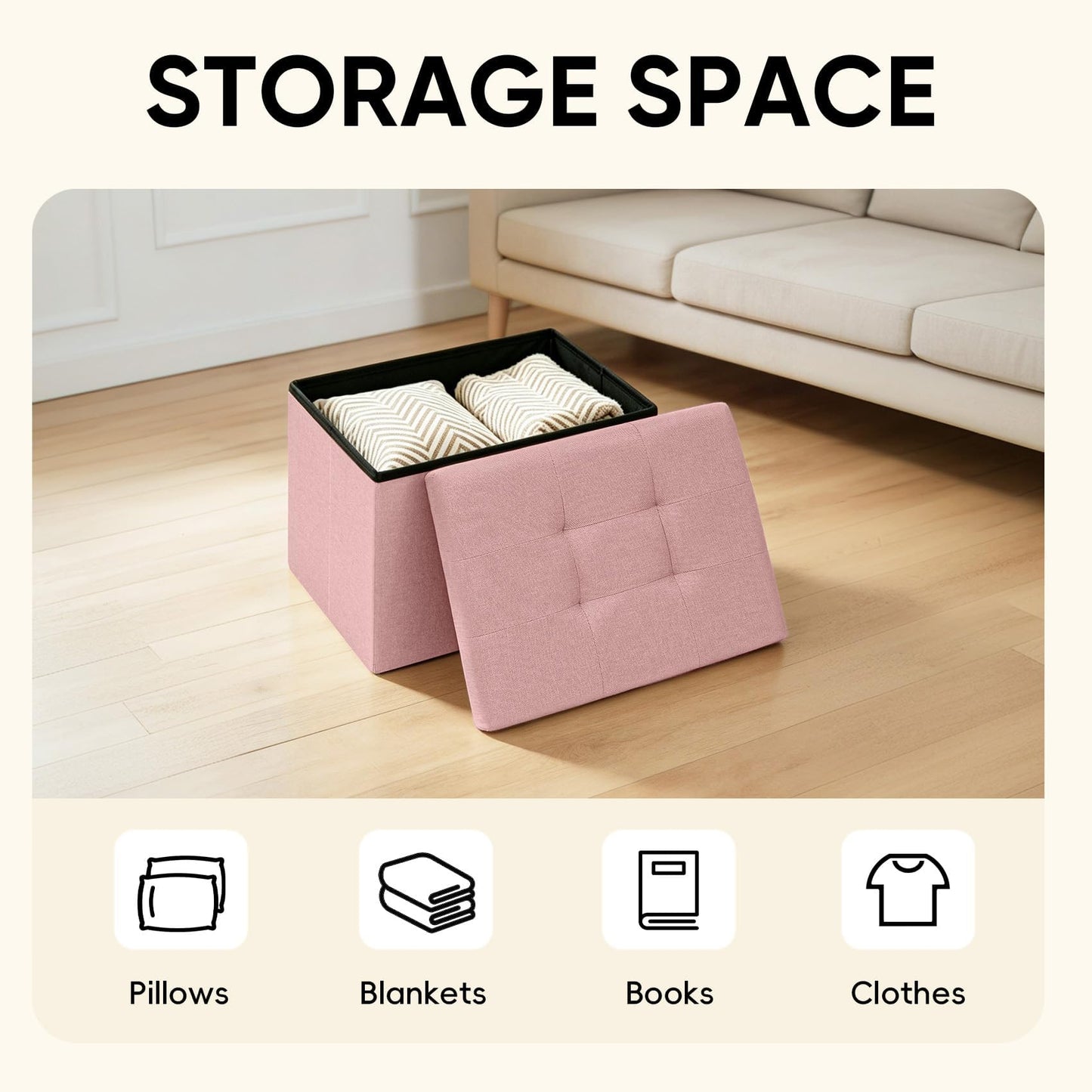 PINPLUS Tufted Linen Storage Ottoman Box, Foldable Footstool, Pink