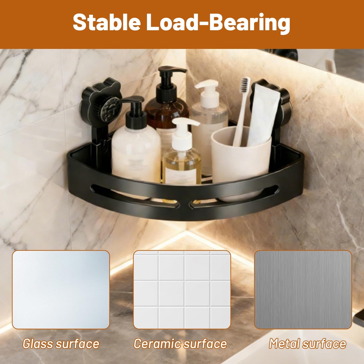 Qubitly Cute Black Bear Corner Shower Shelf, No Drilling Suction Cup Bathroom Organiser