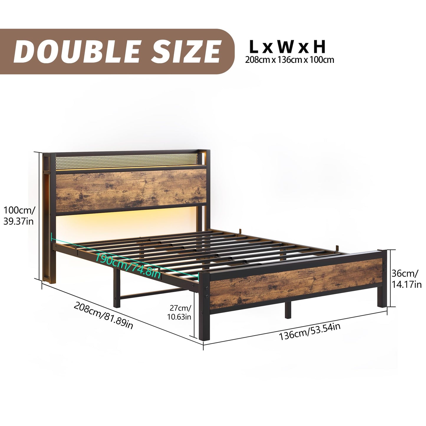 Diahomy 4ft6 Double Bed Frame with LED Lights&Charging Station,Brown