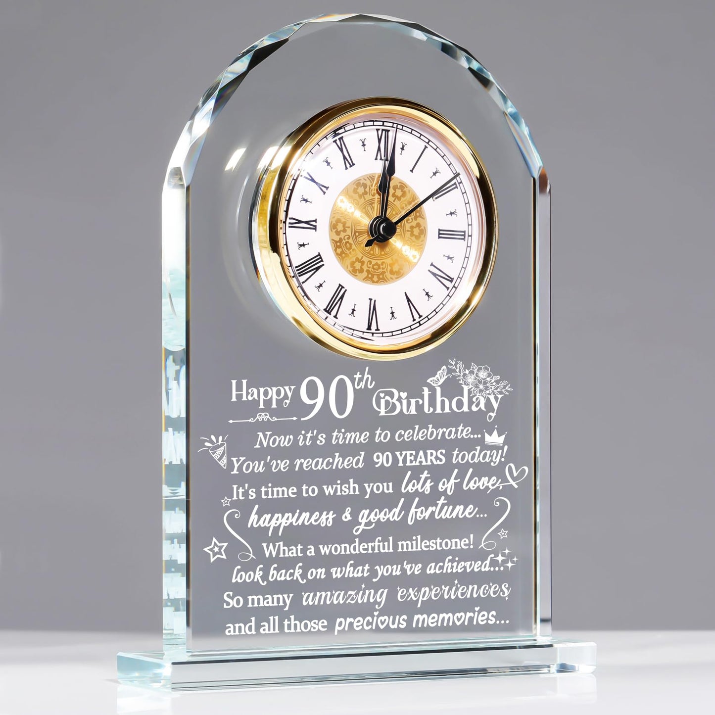 Ornalrist Happy 90th Birthday Quartz Clock Gifts for Women Men, 90th Birthday Presents for Grandparents Glass Keepsake Birthday Blessing for Turning