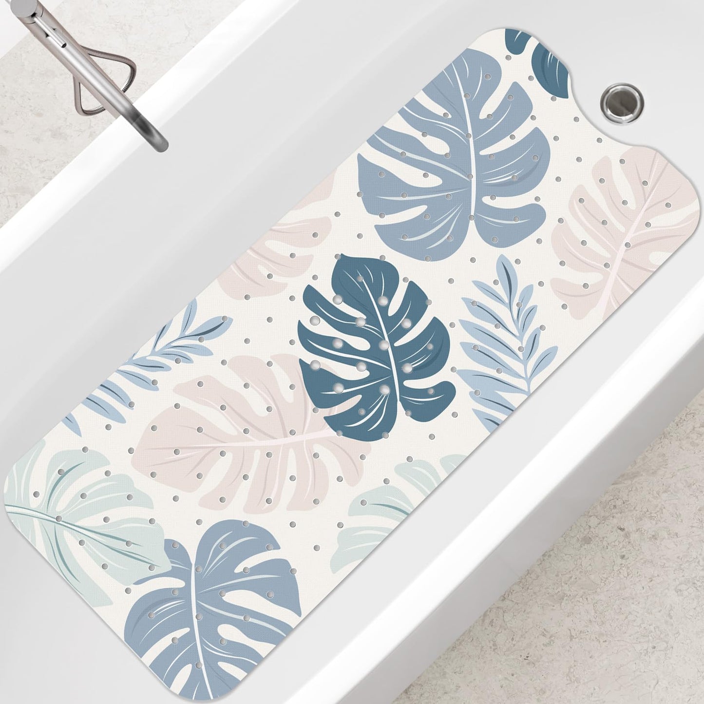 SHUCHING Boho Bath Mat Non Slip Anti Mould, 100 X 40 cm Extra Long Shower Mat Non Slip Anti Mold, Leaves Bathtub Mat Anti Slip for Bathroom Machine