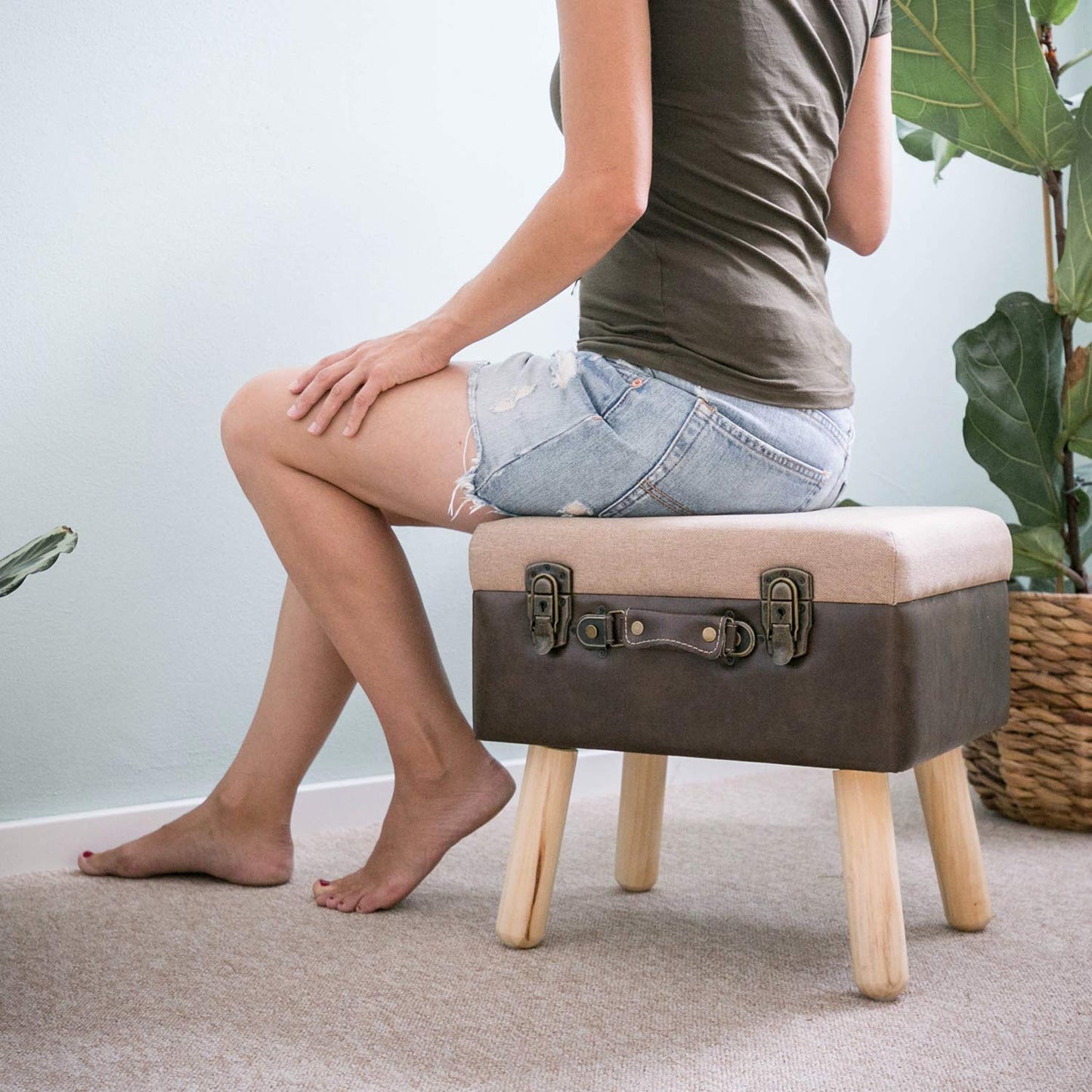HMF Vintage Stool with Wooden Storage Space 40 x 32 x 39 cm Brown Classic