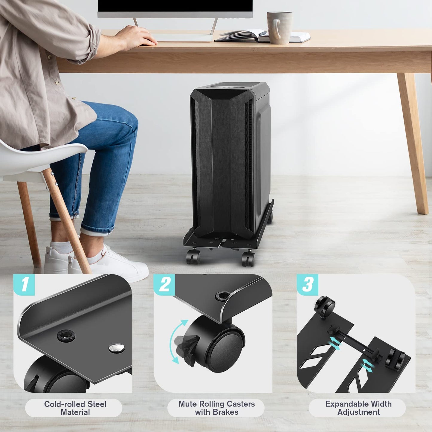 Metal Pc Stand, Big Adjustable Computer Tower Holder, Heavy-Duty Desktop Stand with 4 Caster Wheels Fits Most PC Under Desk