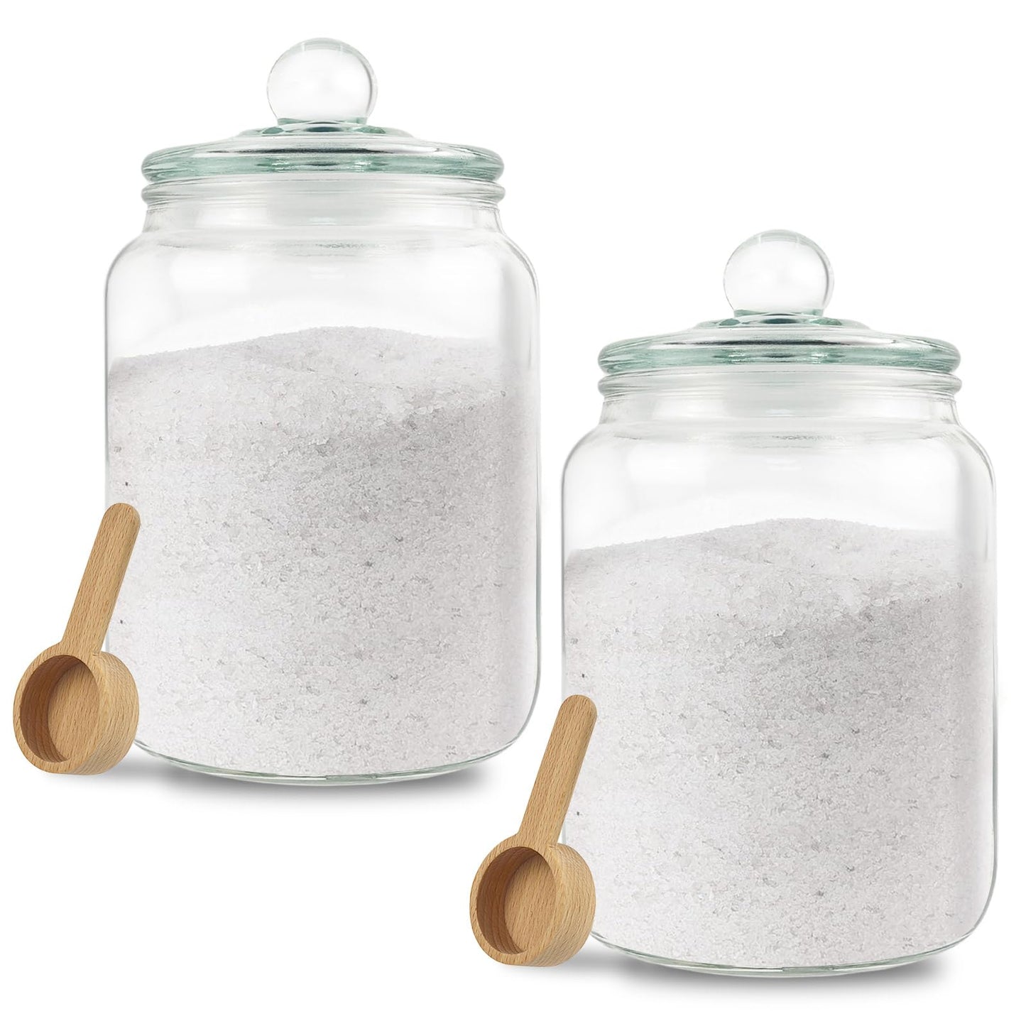 2 Sets 2 Litre Bath Salt Container Large Glass Jars with Airtight Lid and Scoop Wide Mouth Storage Jar with Wooden Scoop for Bath Flour Salt Candy Tea