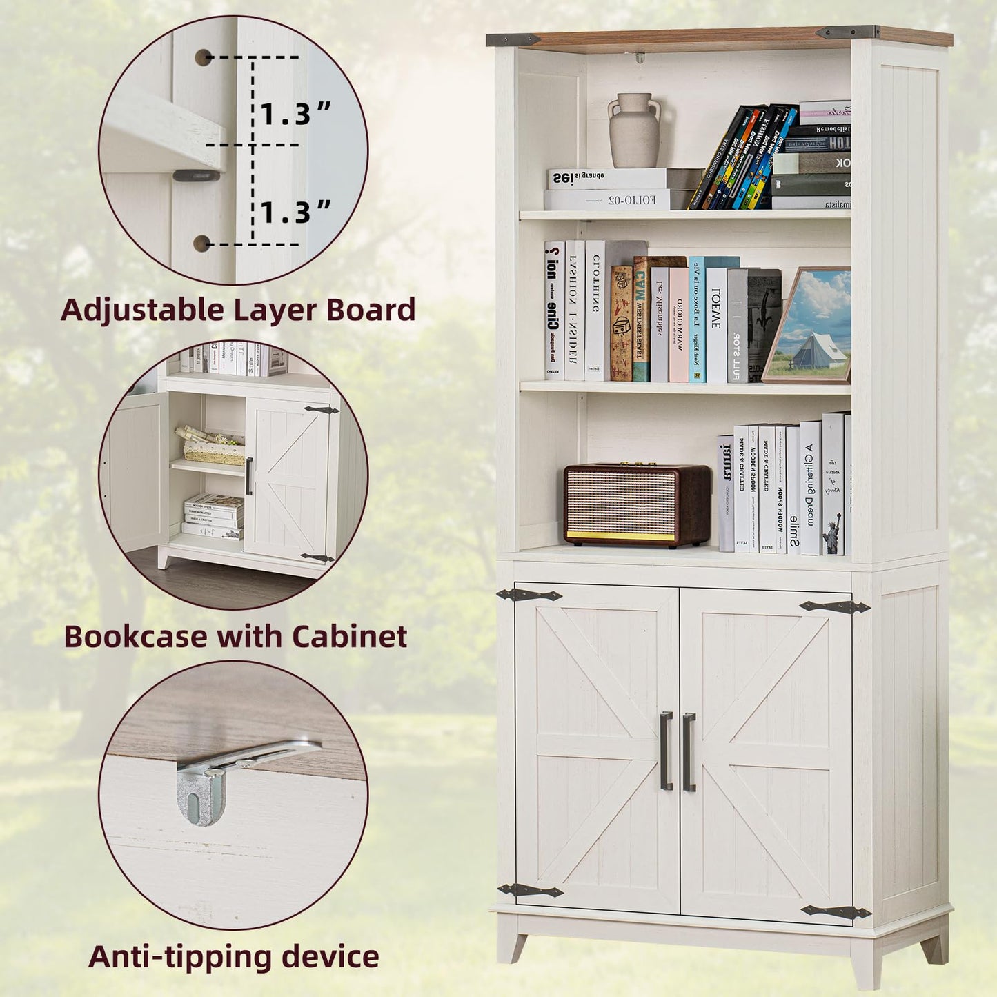 LELELINKY 70in Tall Bookshelf 5 Tier Bookcase with Barn Doors and Adjustable Shelves, White Farmhouse Book Shelf with Storage Cabinet