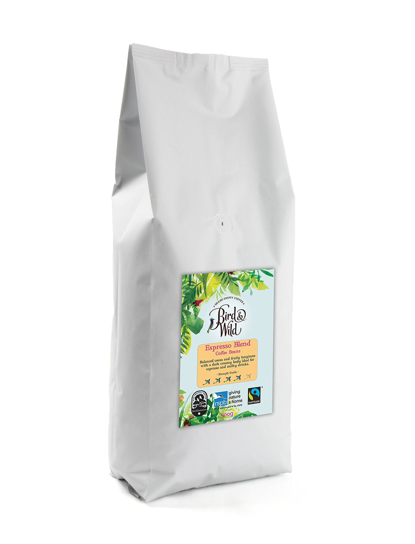 Fairtrade Organic Coffee Beans 500g - Strong Medium Dark Roast Espresso - Shade Grown Bird Friendly Certified - Bird And Wild - Strength 4 - Donation