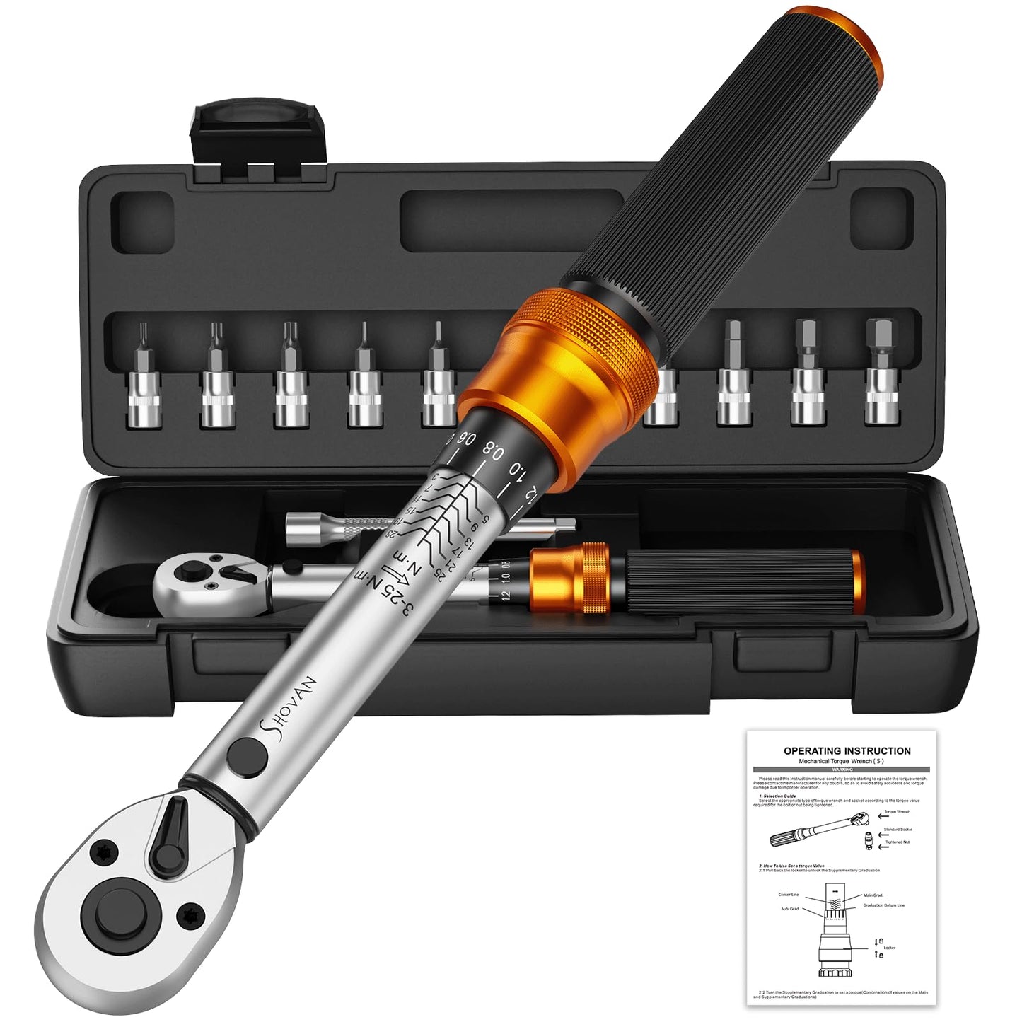 13PCS Bike Torque Wrench Set 3-25 Nm, Small Torque Wrench 1/4 Drive, Dual-Direction Adjustable 72 Teeth, ?3% Accuracy, with Extension Bar, Socket Bits