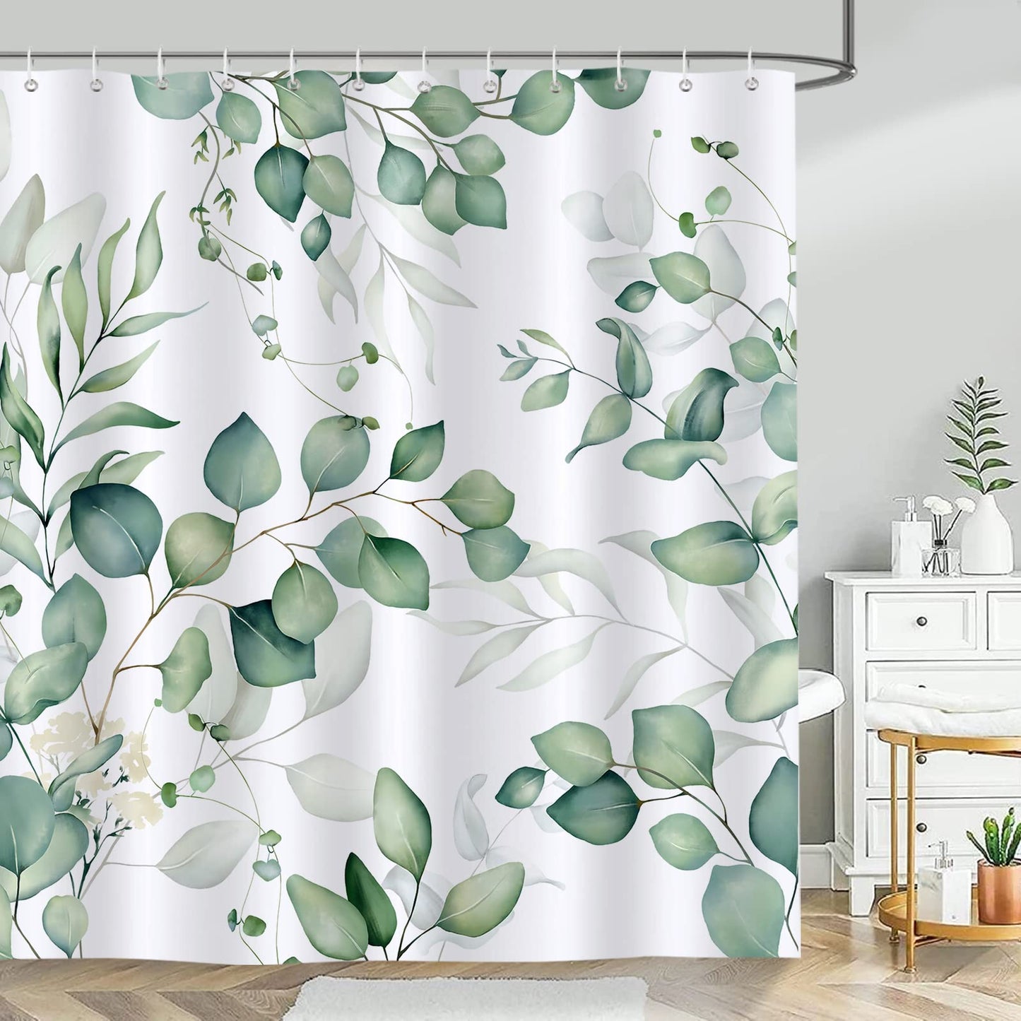 Bonhause Green Leaf Shower Curtain 180 x 180 cm Watercolor Eucalyptus Leaves Plant Bathroom Curtains Waterproof Mildew & Mould Resistant Polyester