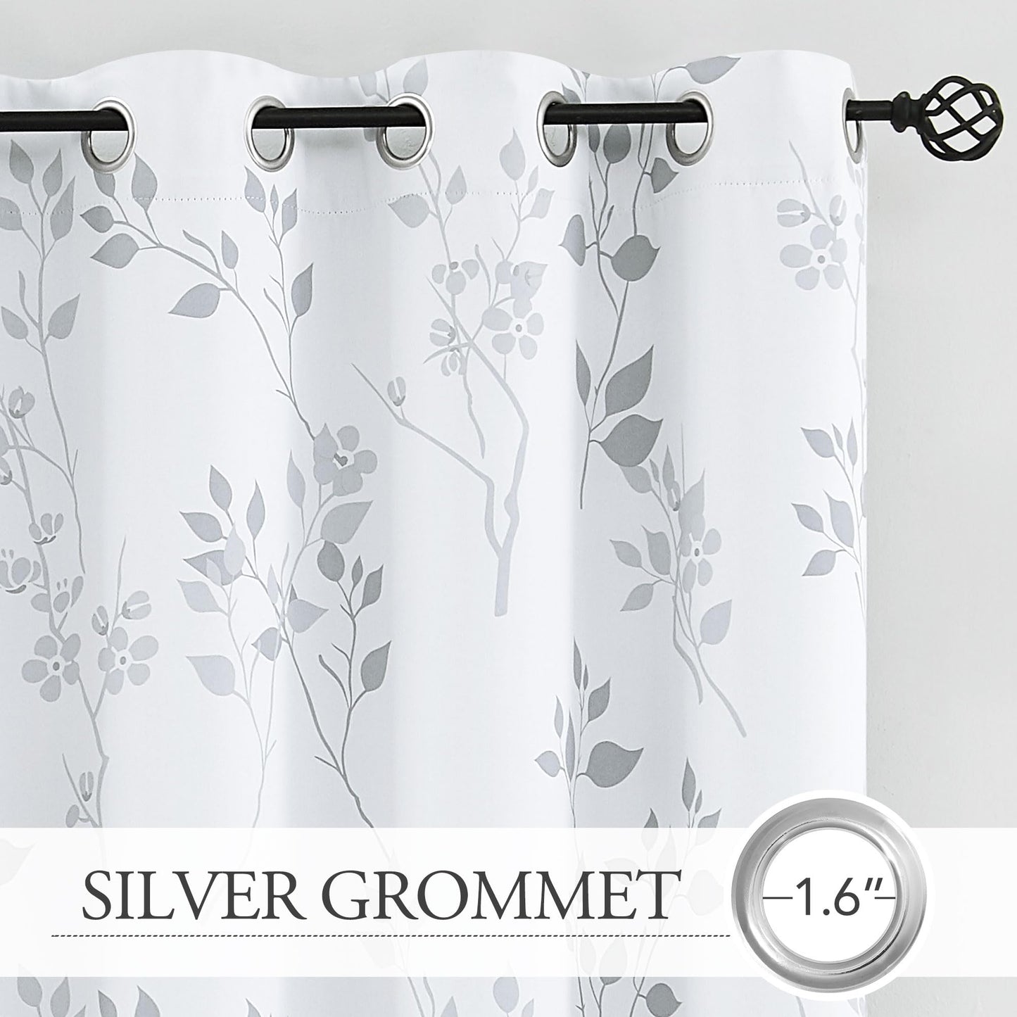 Beauoop Grey Floral Blackout Curtains for Living Room Bedroom 90 Inch Drop Leaf Print Eyelet Curtain Botanical Thermal Insulated Noise Reducing Drapes