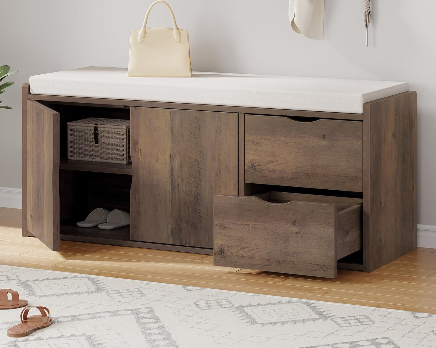 LVB Entryway Bench with Storage, 100 CM Storage Bench with Padded Cushioned Seat, Farmhouse Shoe Bench with 2 Drawers Cabinet Shelf