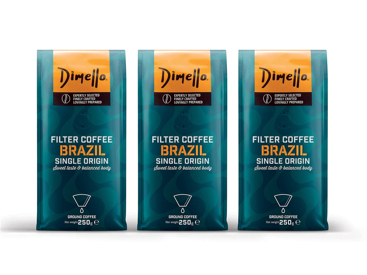 Dimello Brazil ? Strong Arabica Ground Filter Coffee 750g (250 x 3) - Sweet Taste & Balanced Body ? Medium Roast, Single Origin