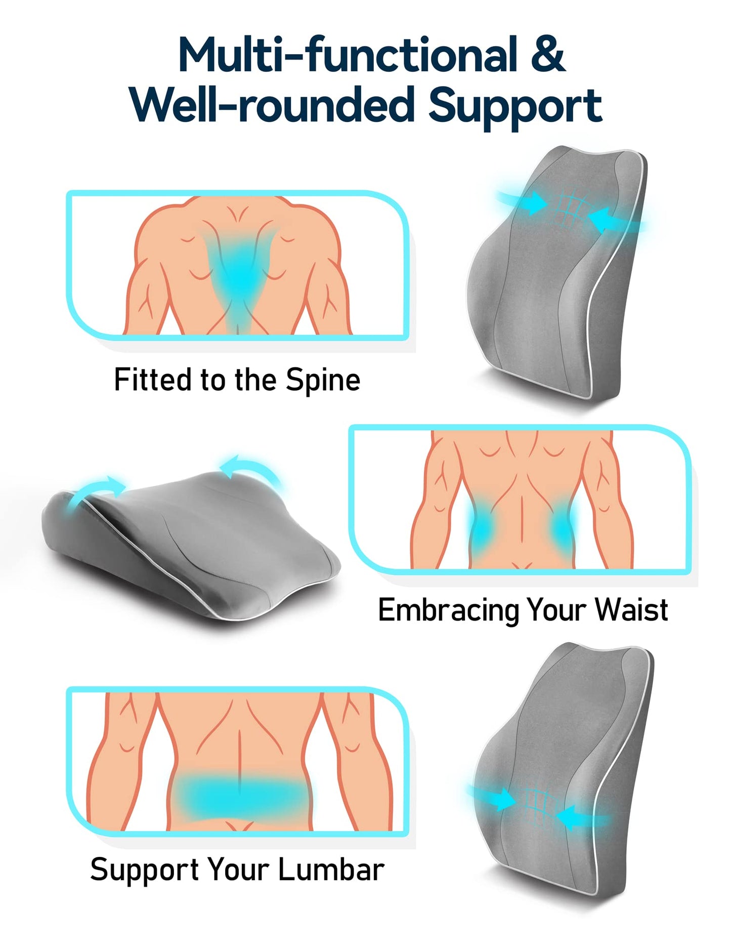 Travel Ease Ergonomic Lumbar Support Cushion, Memory Foam Back Support Cushion for Office Chairs with Skin-friendly Cover for Comfort (Grey)