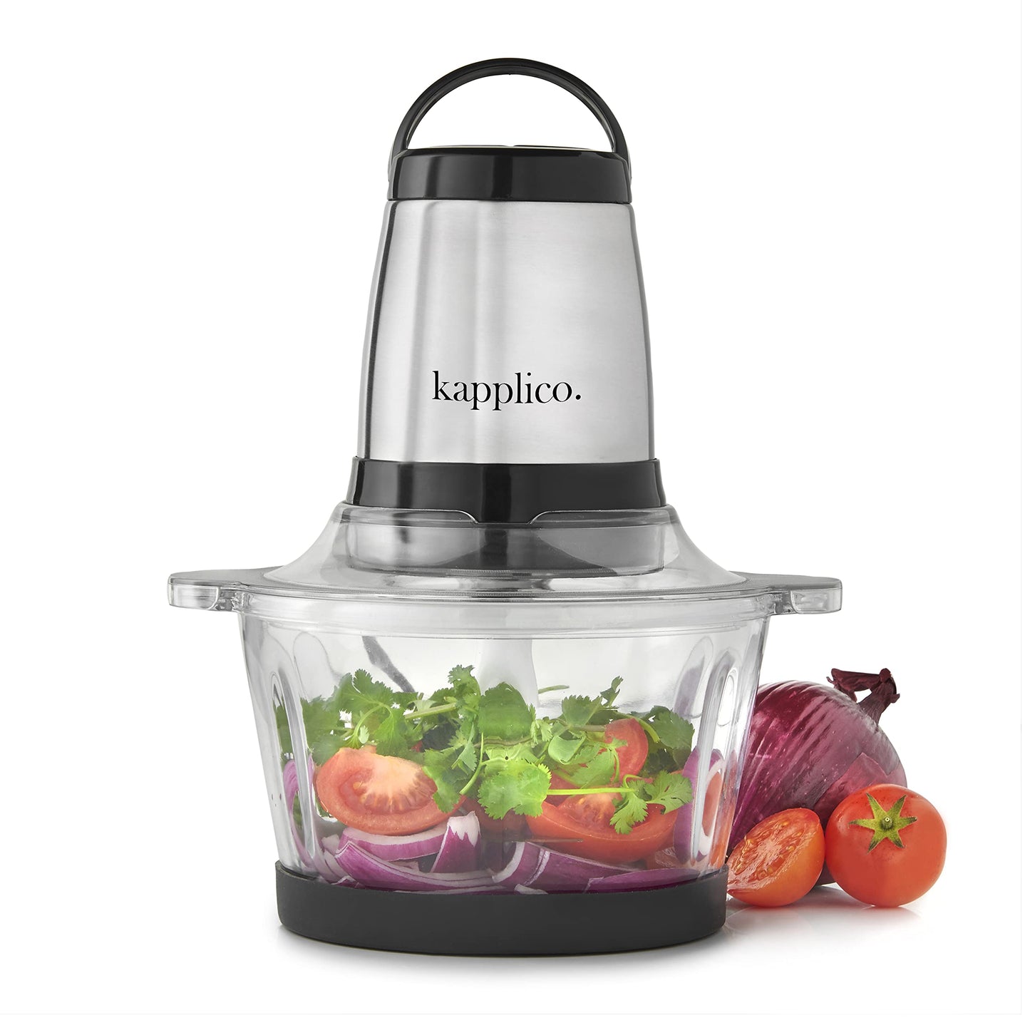 KAPPLICO Chrome Mini Chopper Mini Food Processor 4 bi-Level Blades - Energy Saver 250W Dual Speed - 2.0L Food Capacity Glass Bowl - 2 Year Warranty -