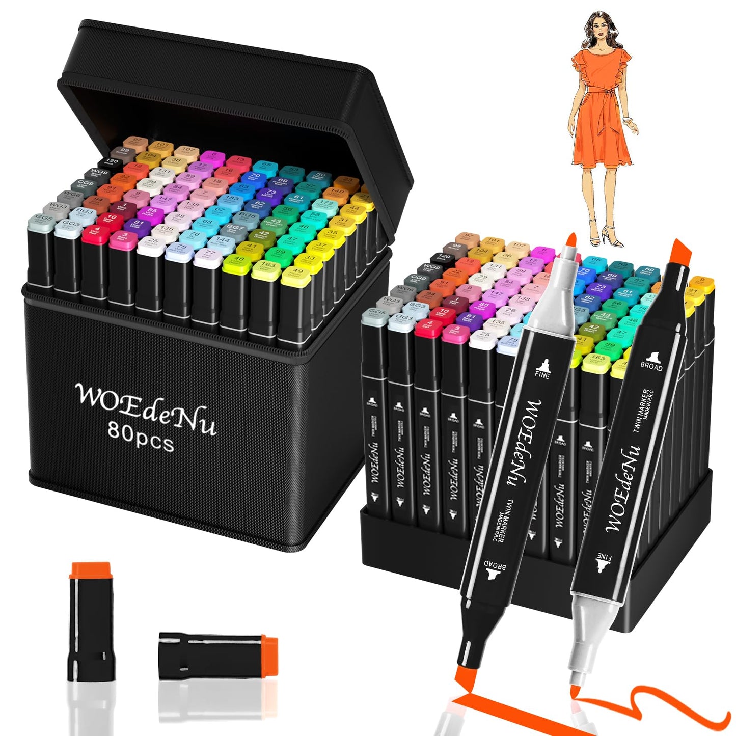 WOEDENU 80 Colours Alcohol Markers Set, Colouring Pens Dual Tip Permanent Art Marker Pens for Drawing, Sketching, Manga, Anime & Adult Colouring with