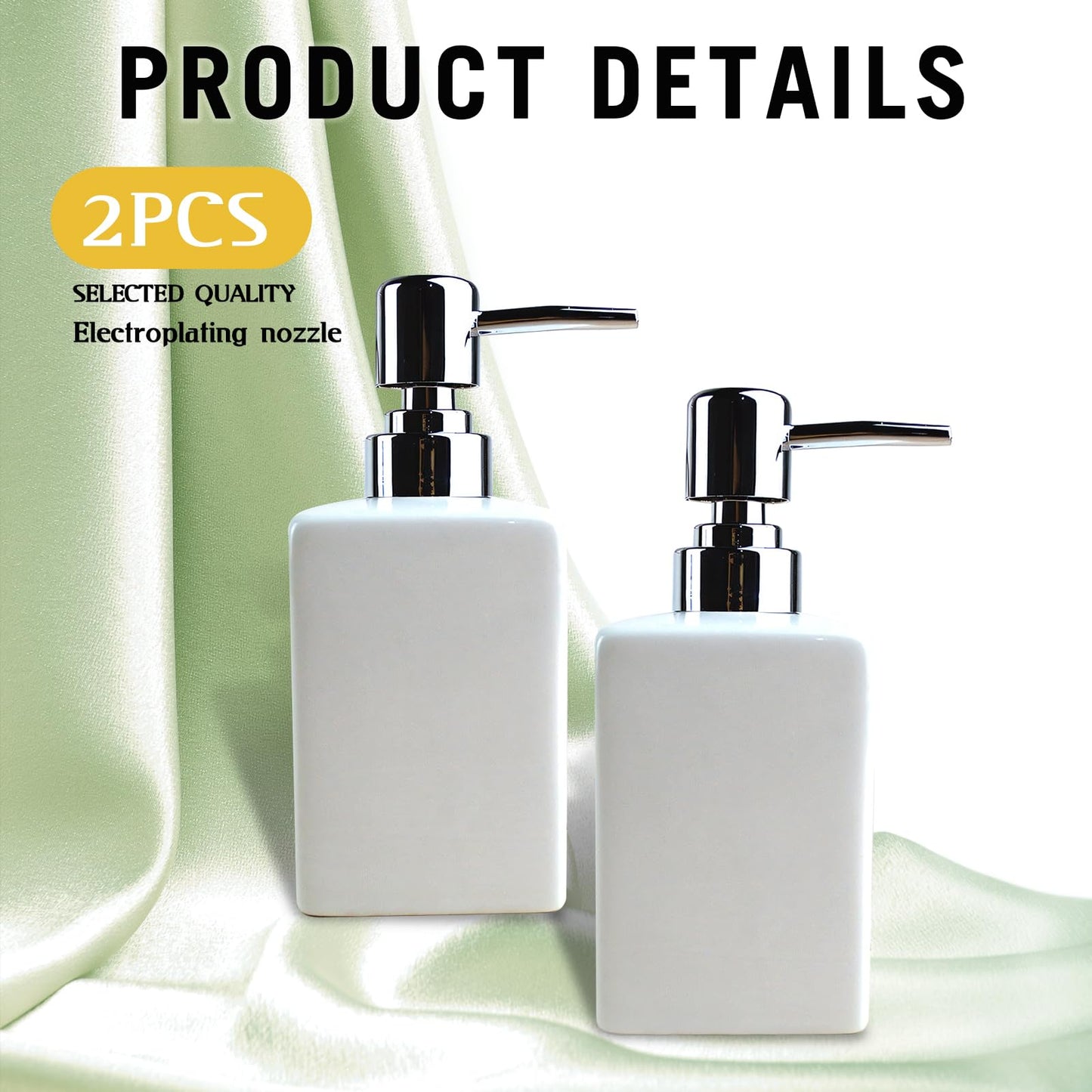 2PSC White Ceramic Soap Dispenser - 320ml/11oz Square Design with Long Spout & Rustproof Pump, Refillable for Shampoo/Liquid Soap