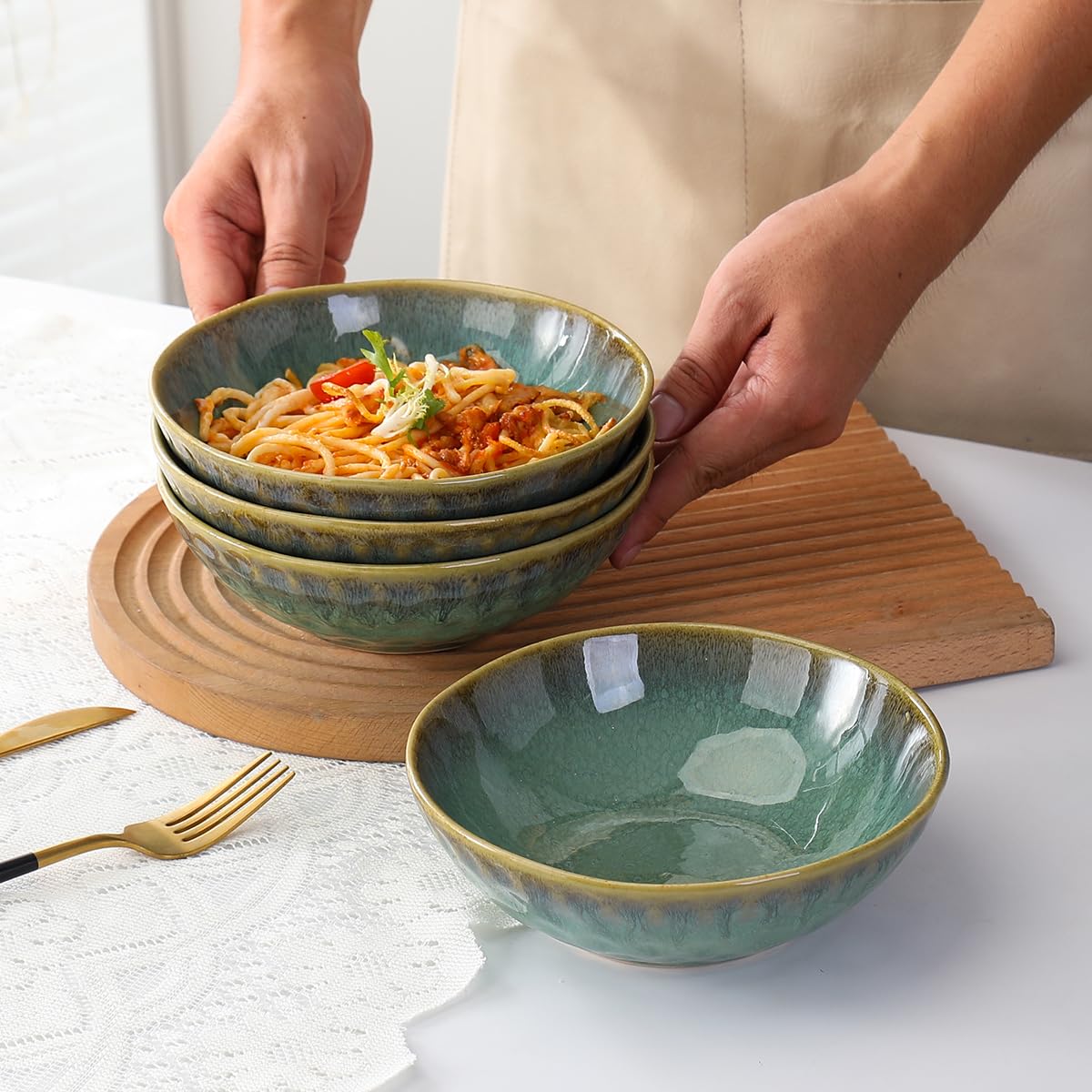 Bowls Set of 4 Bowls - 25 Oz, Cereal Bowls Stoneware Set/Soup Bowls Ceramic Bowls Ramen Retro Green - 750ml