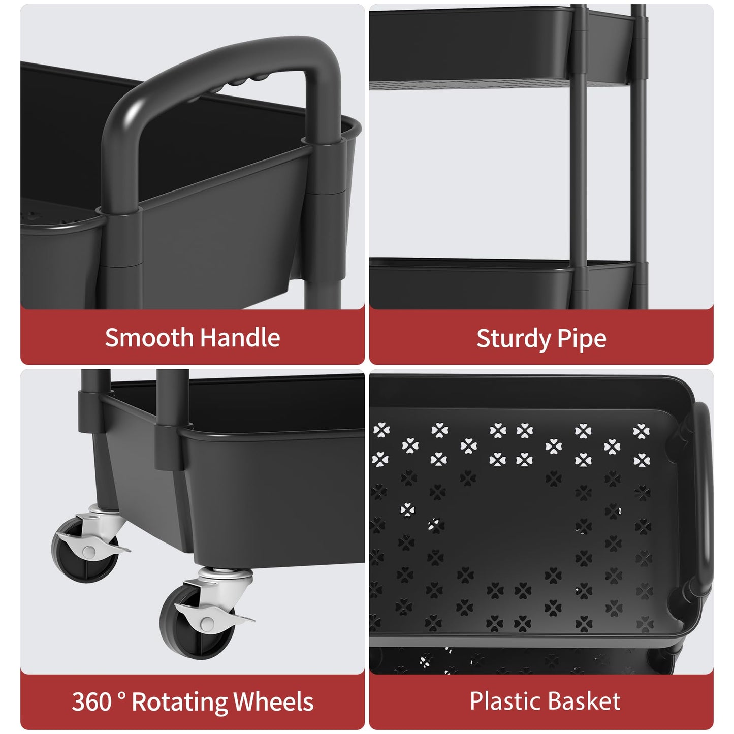 Sywhitta 4-Tier Plastic Rolling Utility Cart with Handle, Multi-Functional Storage Trolley for Office, Living Room, Kitchen