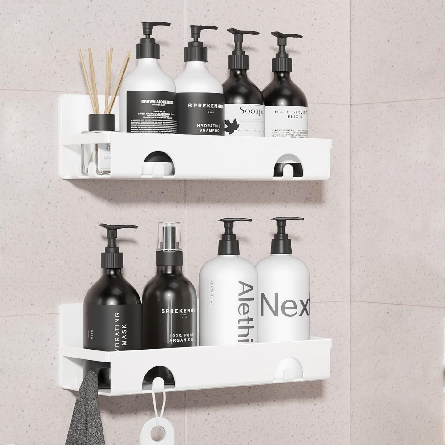 CHARYJOD Shower Caddy 4 Packs, Adhesive Shower Shelf Bathroom Shelf No Drill,Storage Rack with Hooks, Soap Razor Toothbrush Holder, Bathroom Kitchen