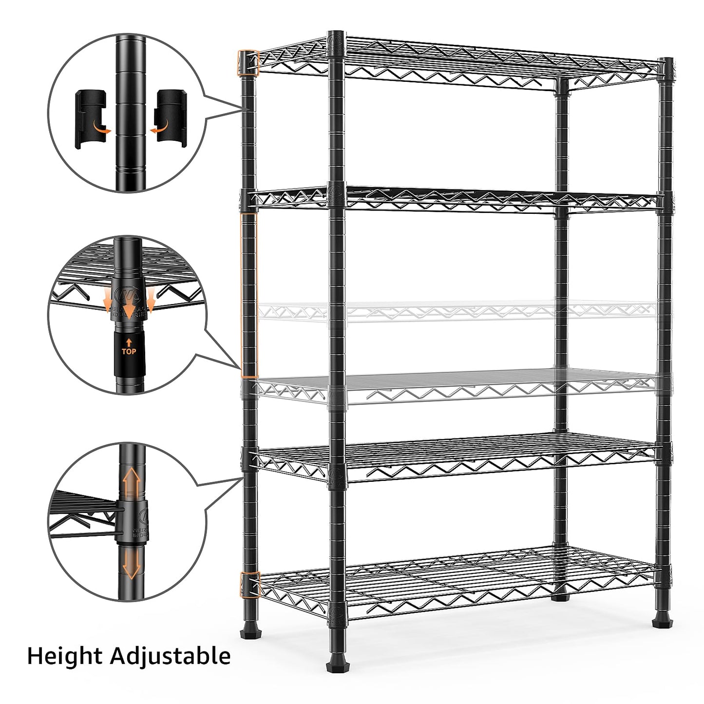 M MZG Height Adjustable Shelves,Heavy Duty Wire Pantry Shelving for Tool Sheds, Garage, and Storehouse,Metal,Black,4 tier 35 x 75 x 120.7 cm