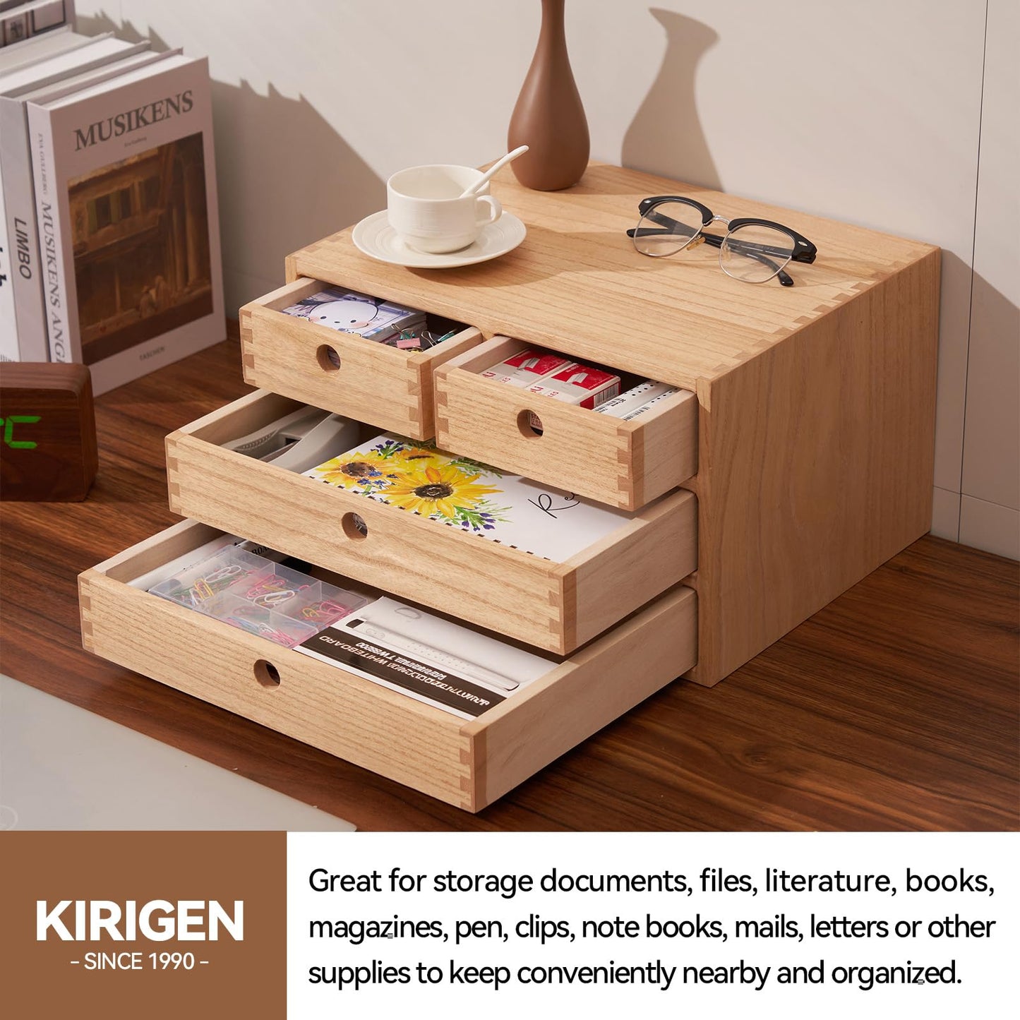 KIGIREN Wood Desktop Organizers with Drawers Home Workspace Office Supplies Wooden Storage Box Shelf Case Hold Makeup Box with 4 Drawers Natural