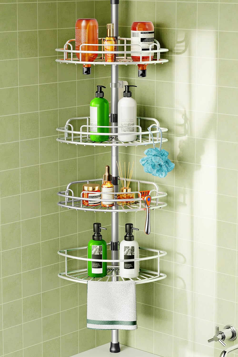 HAMITOR Telescopic Shower Caddy Corner Storage: No-Drill Stainless Steel Bathroom Shelves Organizer, 4-tier Large Capacity Adjustable Shelf with