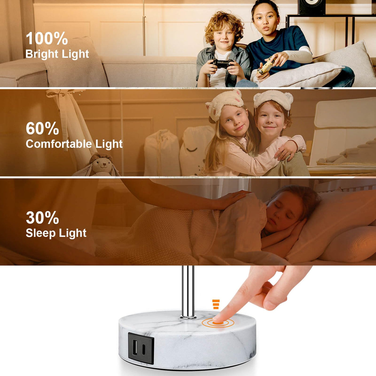 Wondlumi Bedside Lamps Set of 2, Touch Lamps Bedside with 3 Way Dimmable and 2 USB Charging Ports, Bedside Table Lamp with Marble Color Base and White