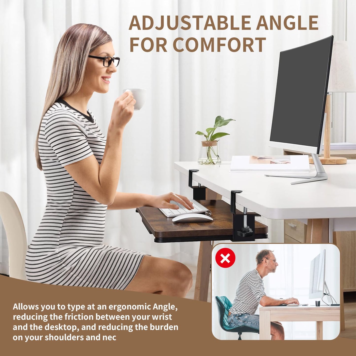 xiruiubao Removable Keyboard Holder, Extendable and Silent Keyboard Tray for Office, PC Keyboard Support with Large C Clamp, 235 mm x 22 mm Iron