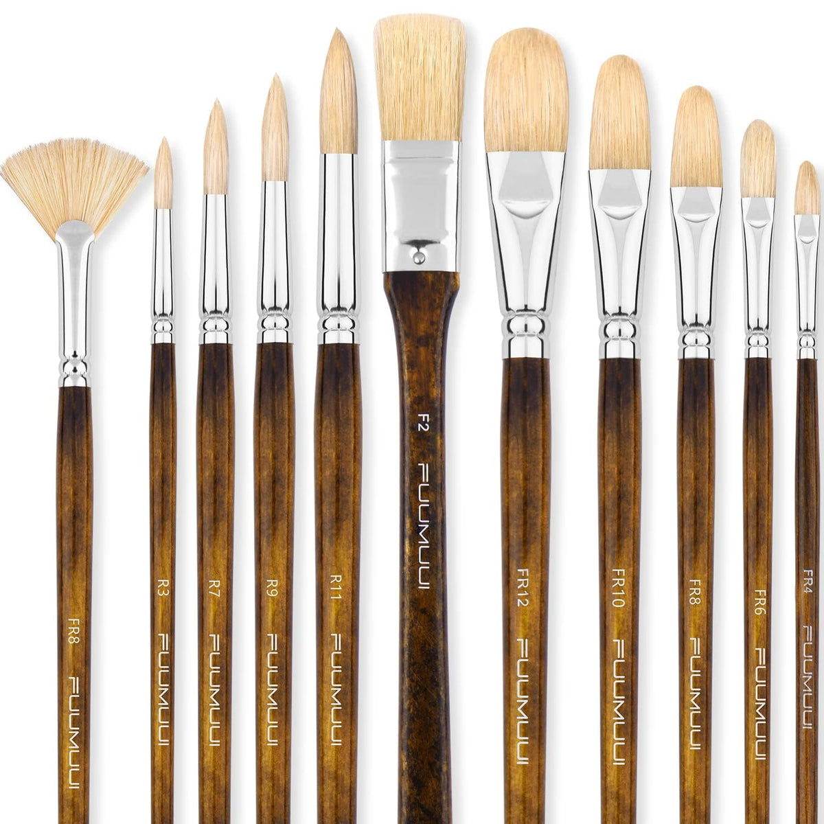 Fuumuui 11PCS Professional Oil Paint Brush Set - Superior Hog Bristle Paint Brushes - Perfect for Oil, Acrylic, Gouache Painting