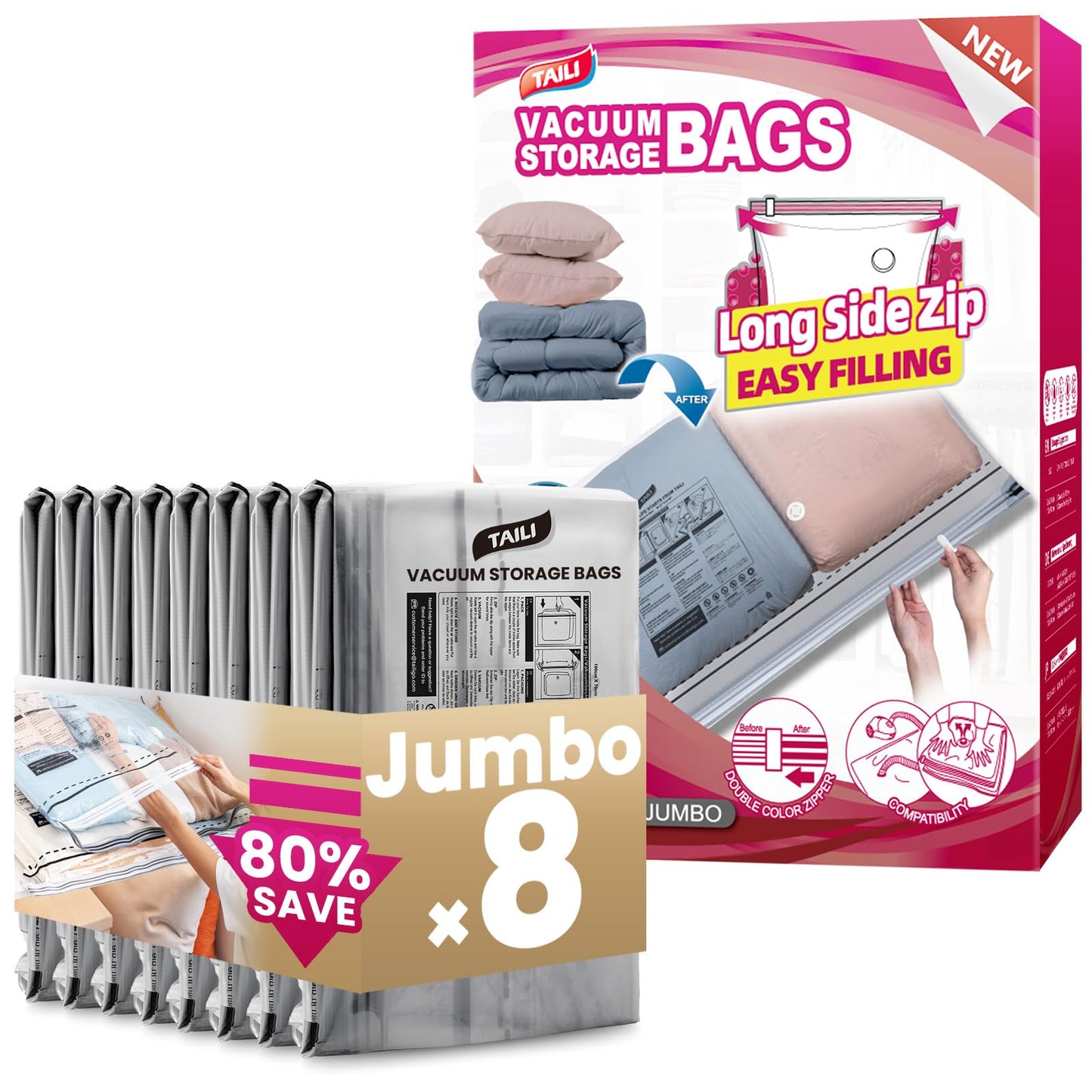TAILI Vacuum Storage Bags With Long Side Zip 8 Pack, 100x70 CM, Extra Large
