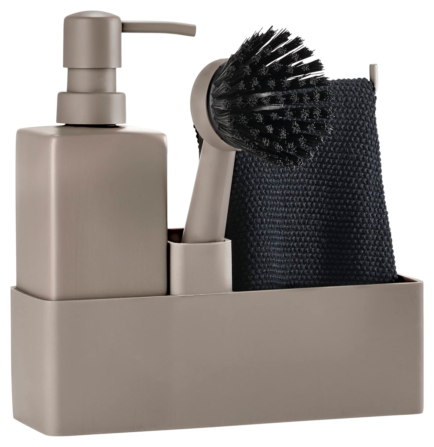 Zone Denmark Set of 4 Dishwasher Accessories with Soap Dispenser/Dishwashing Liquid Dispenser, Cloth and Dish Brush, 19 x 6 x 20.5 cm, Taupe