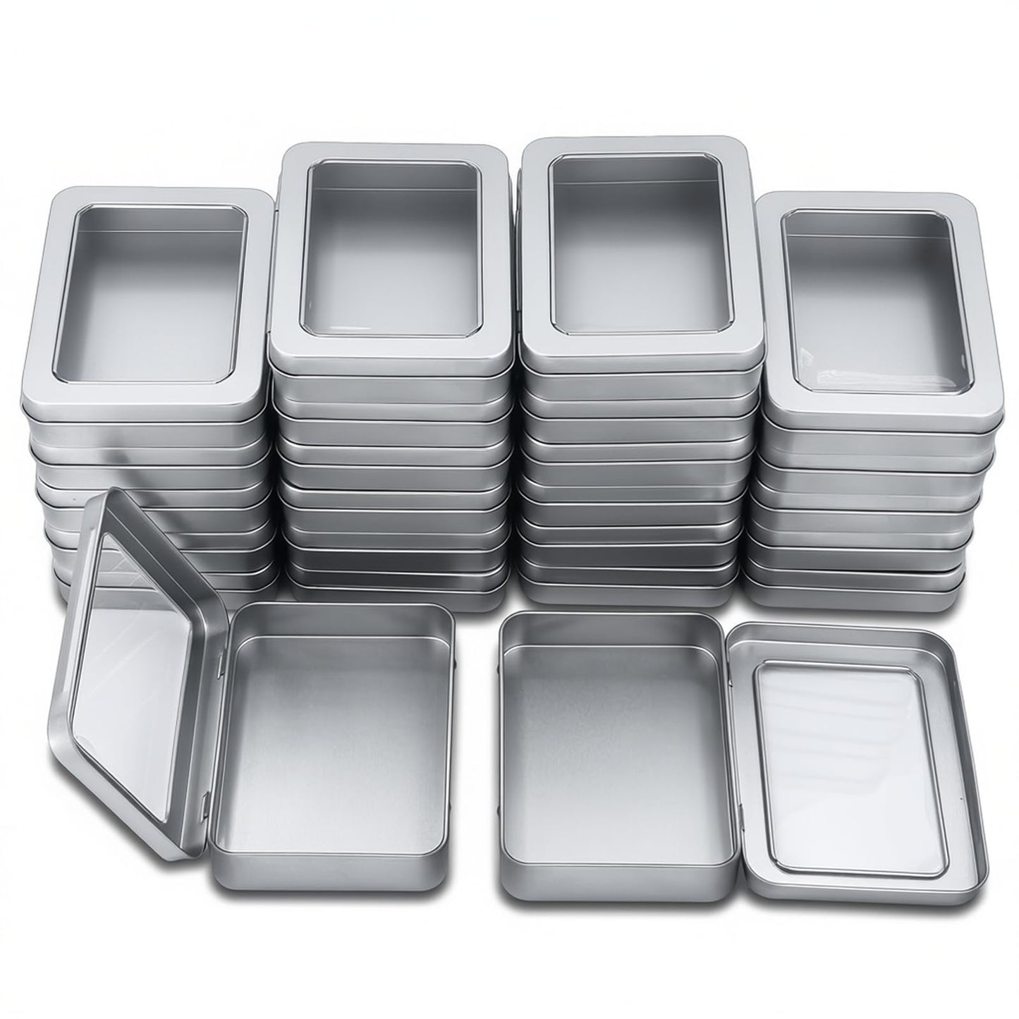 Goodma Rectangle Metal Tins with Hinged Window Lids, Silver, 24 Pieces