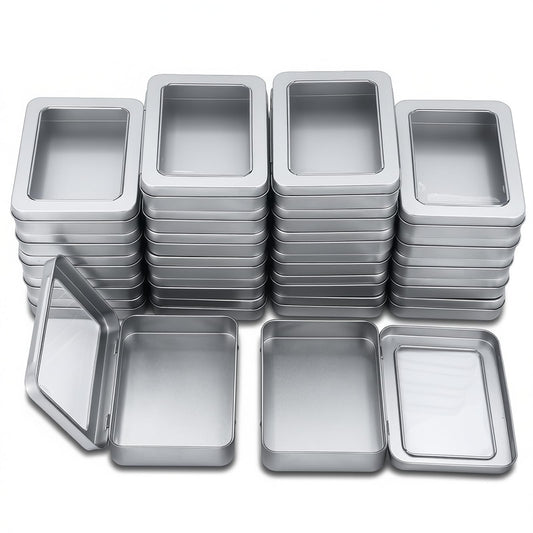 Goodma Rectangle Metal Tins with Hinged Window Lids, Silver, 24 Pieces