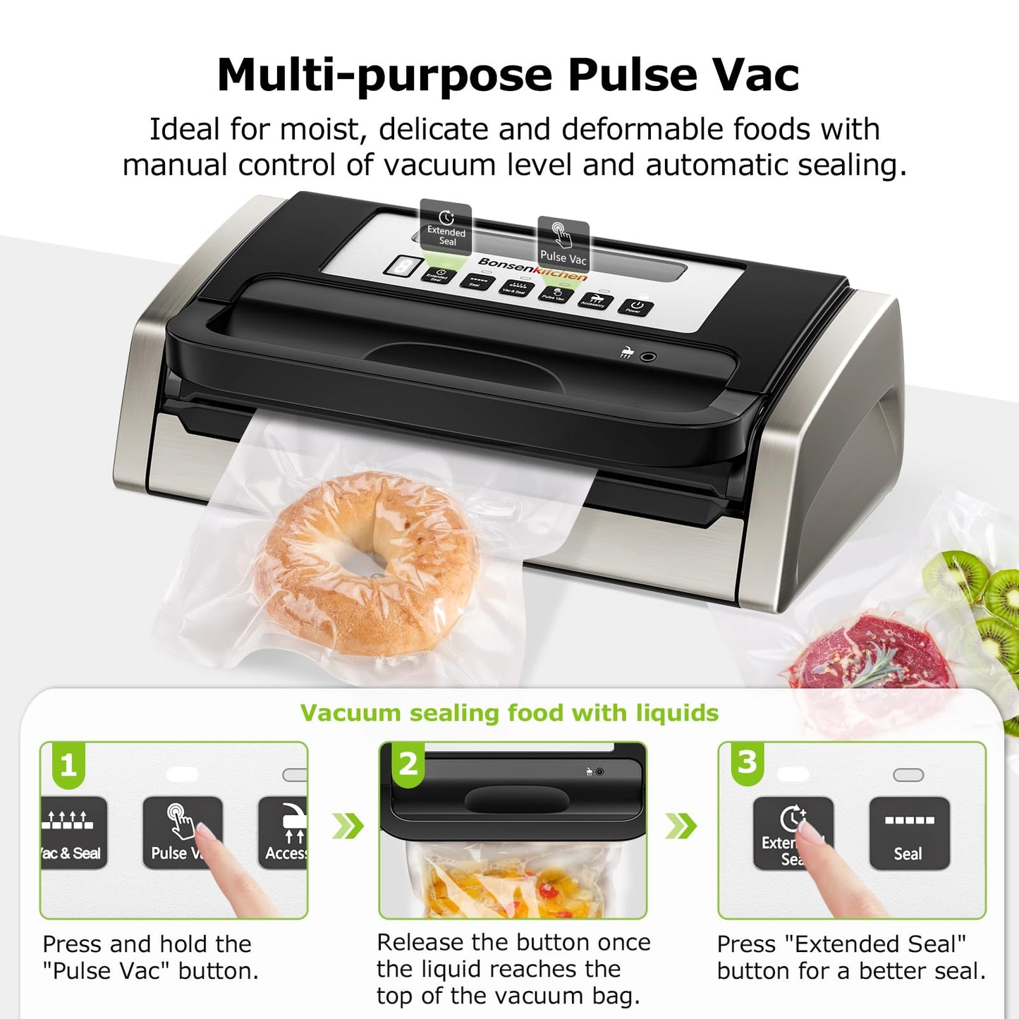 Bonsenkitchen Vacuum Sealer Machine, Globefish Technology for Powerful Vacuum Sealing, Low-Noise, Built-in Cutter and Bag Storage, Includes 2 Rolls