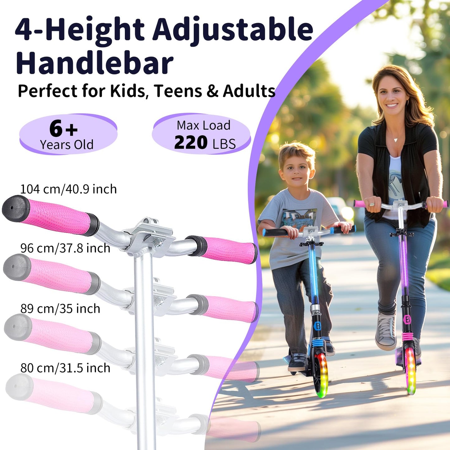 BELEEV V8 Scooters for Kids Ages 6+ with Light-Up Wheel & Stem & Deck, 2 Wheel Folding Scooter for Adults Teens, 4 Adjustable Height, Lightweight
