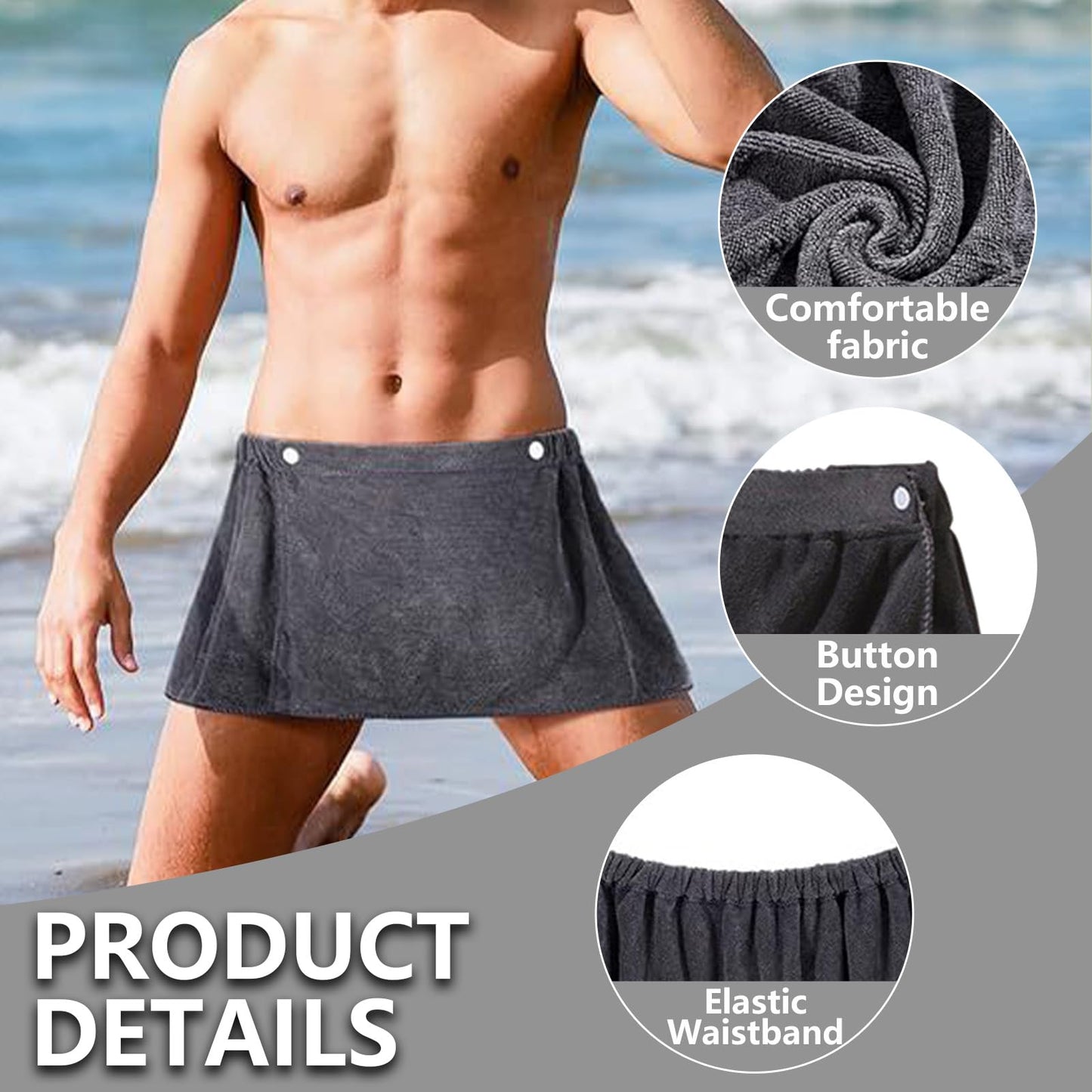JYJLLM Men's Short Bath Wrap Towel 35x140cm, Grey Quick Dry Microfiber Shower Cover Up for Spa Pool Beach Gym After Bath