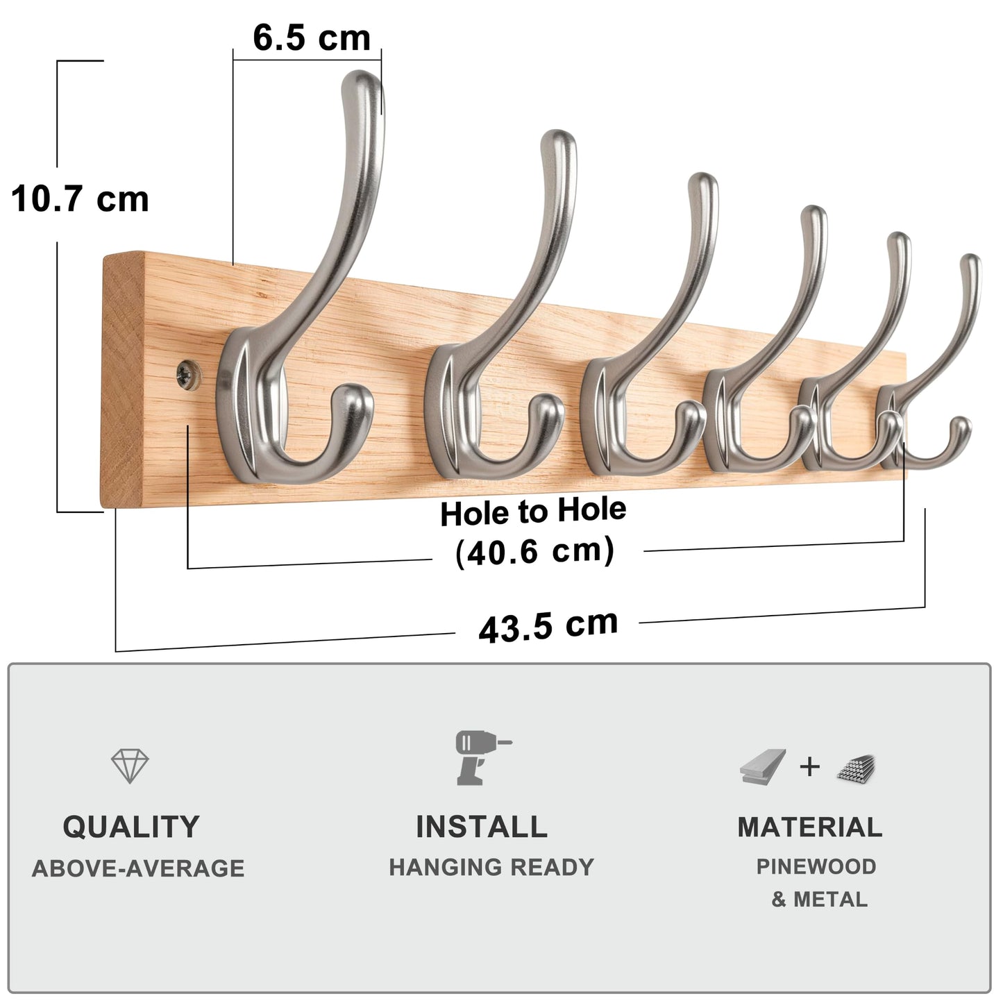 HONSKY Wall Coat Rack - 6 Double Hooks (44cm) | Wooden & Metal Towel/Coat Hanger for Entryway, Bathroom, Bedroom, Garage | Easy Install