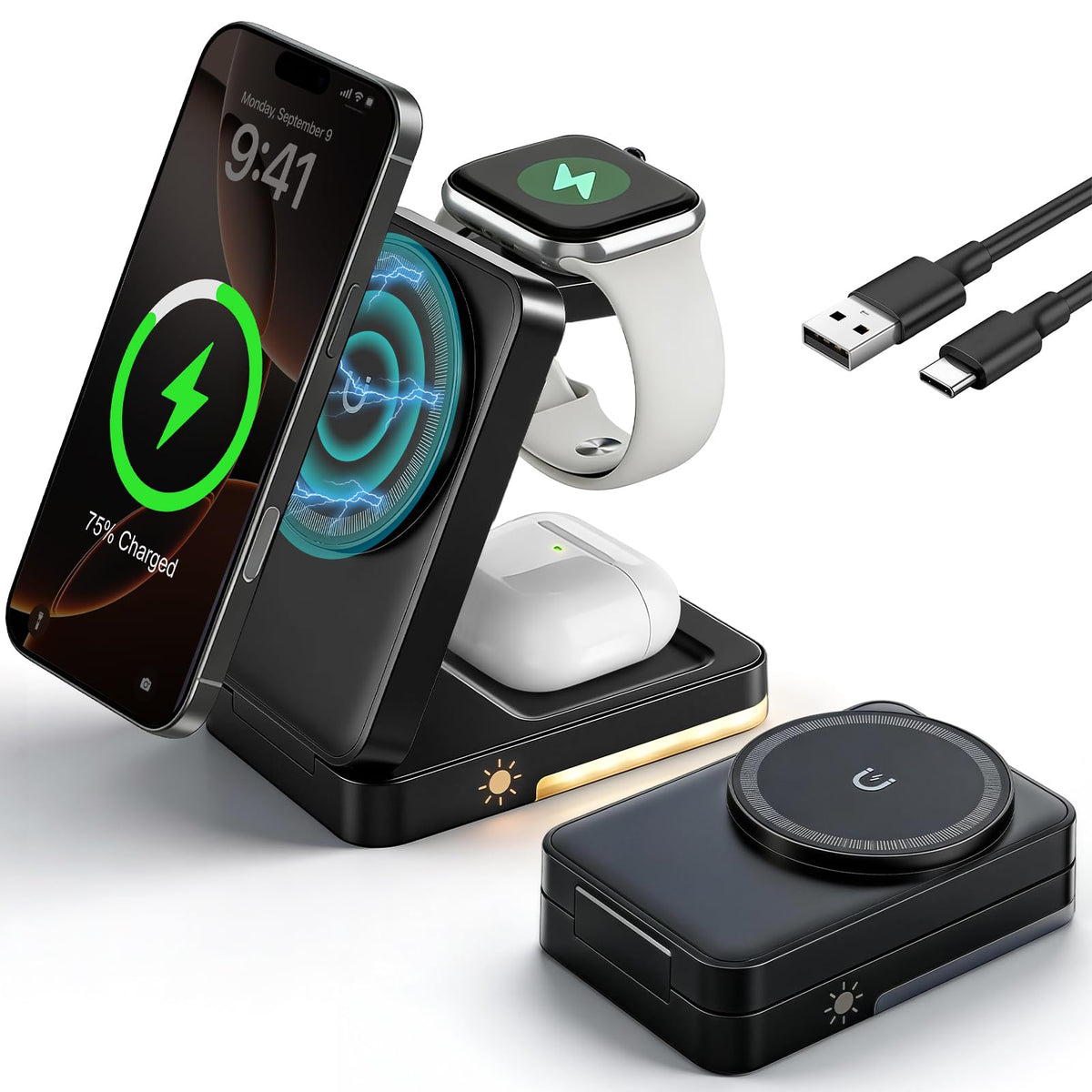 3 in 1 Magnetic Wireless Charger Station, Wireless Portable Charger 15W Fast Foldable Charging Stand Built-in Night Light Travel Magnetic Charger for