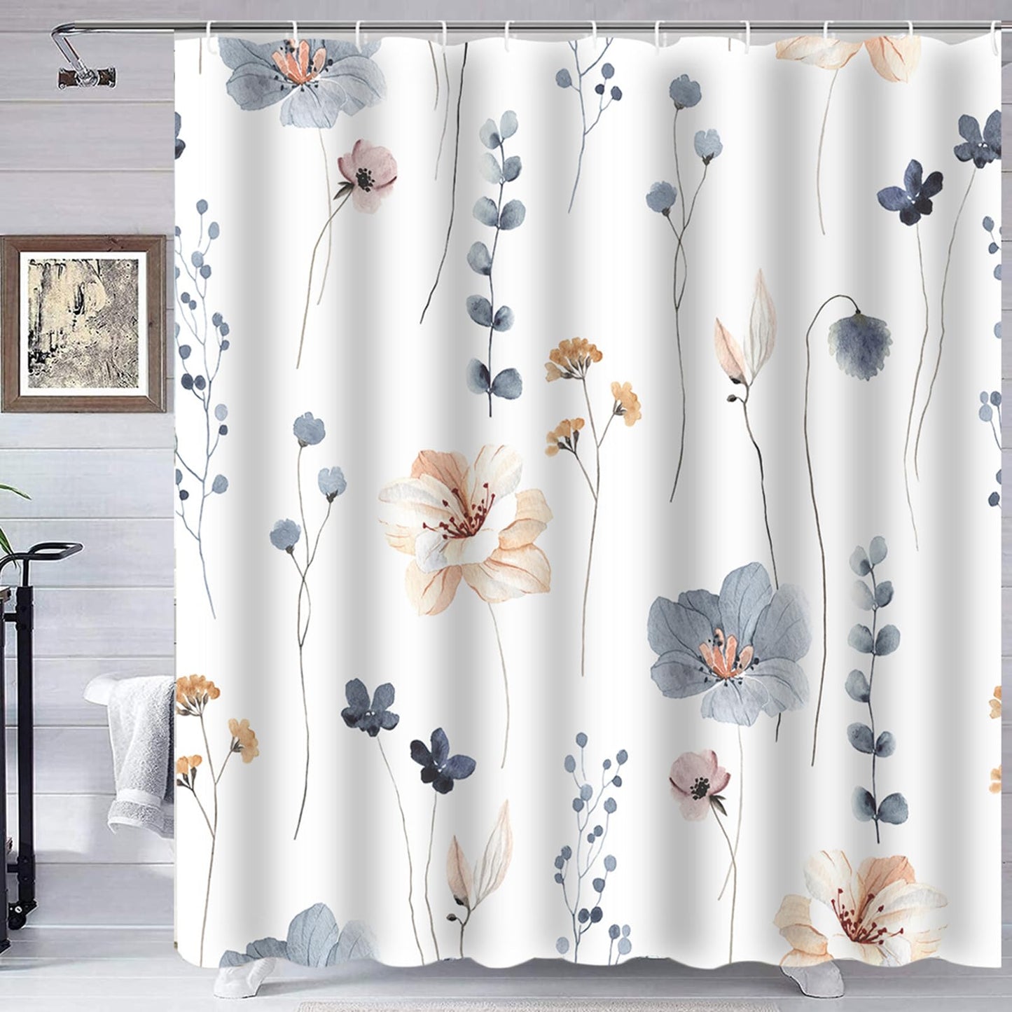 Jemsia Shower Curtain for Bathroom,Leaf Print Waterproof Anti Mould Bath Curtain with Weighted Hem,12 Hooks Floral Washable Polyester Shower Curtains
