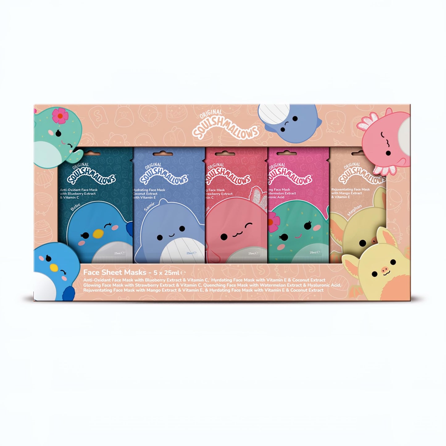 Squishmallows Face Sheet Mask Set ? 5 Pack - Coconut, Strawberry, Mango, Blueberry & Watermelon. Fun Sleepover, Girls Night & Pajama Party
