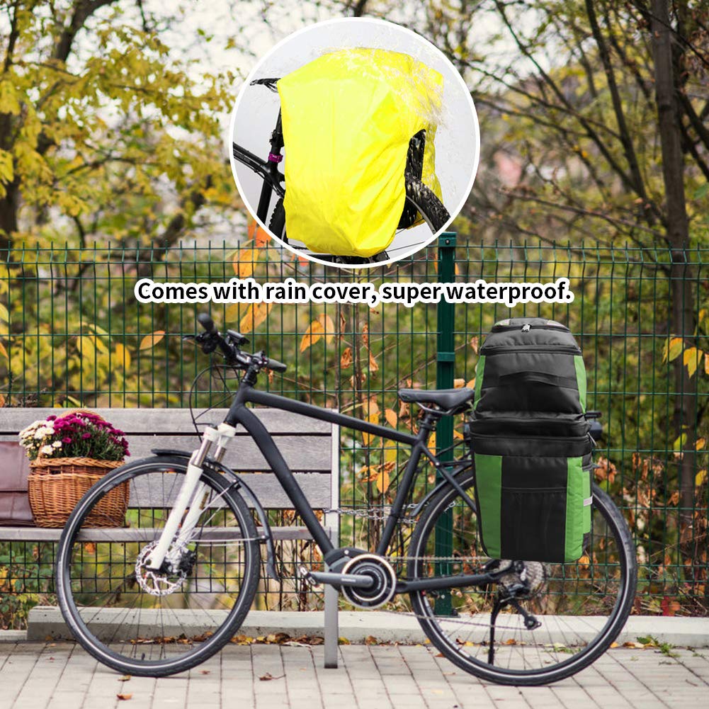 PELLOR 70L Waterproof 3 in 1 MTB Bike Rear Bicycle Pannier Bags Bike Rack Bag with Rain Cover (Green)
