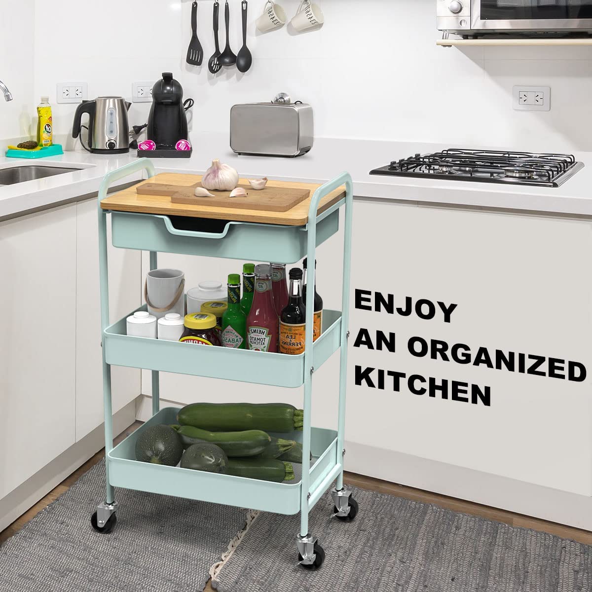 Shrivee 3-Tier Kitchen Trolley with Table and Drawer, All-Purpose Metal Shelf for Office, Salon, Cosmetics, Serving Cart for Kitchen, Bathroom
