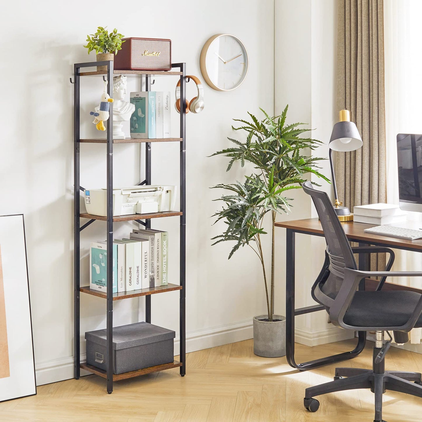 YMYNY Bookshelf,5 Tier Storage Rack, Plant Rack, Storage Rack with Steel Frame,for Living Room, Office, Study, Hallway, Industrial Style, Rustic Brown