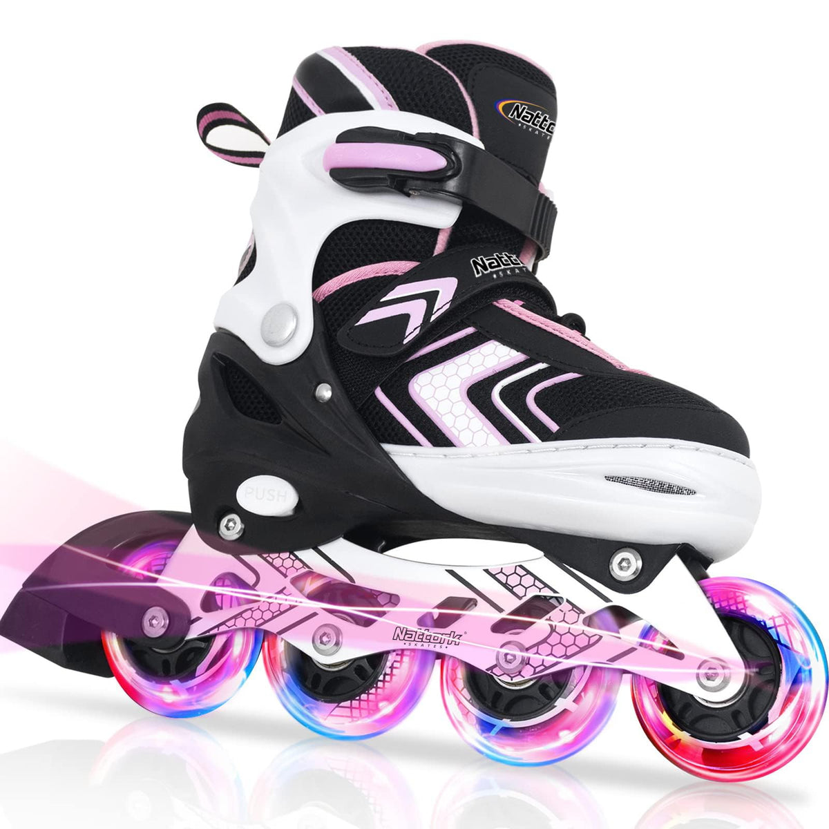 Nattork Roller Skates for Girls with Full Light up Wheels, Adjustable Beginner Inline Skates for Little Kids, Pink, Size 10J 11J 12J