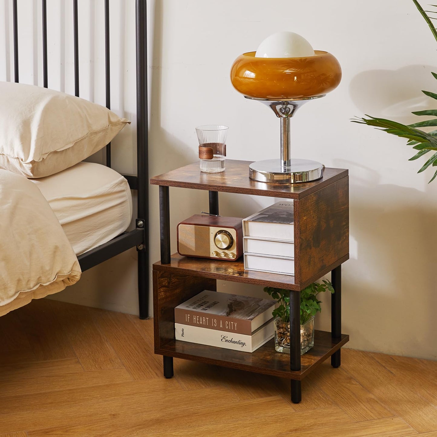 Aibiju 3 Tier S-shaped Design Side Table, Sofa Side Table, Narrow End Table with Storage Shelf for Living Room, Bedroom/Narrow Space Retro Color+Black