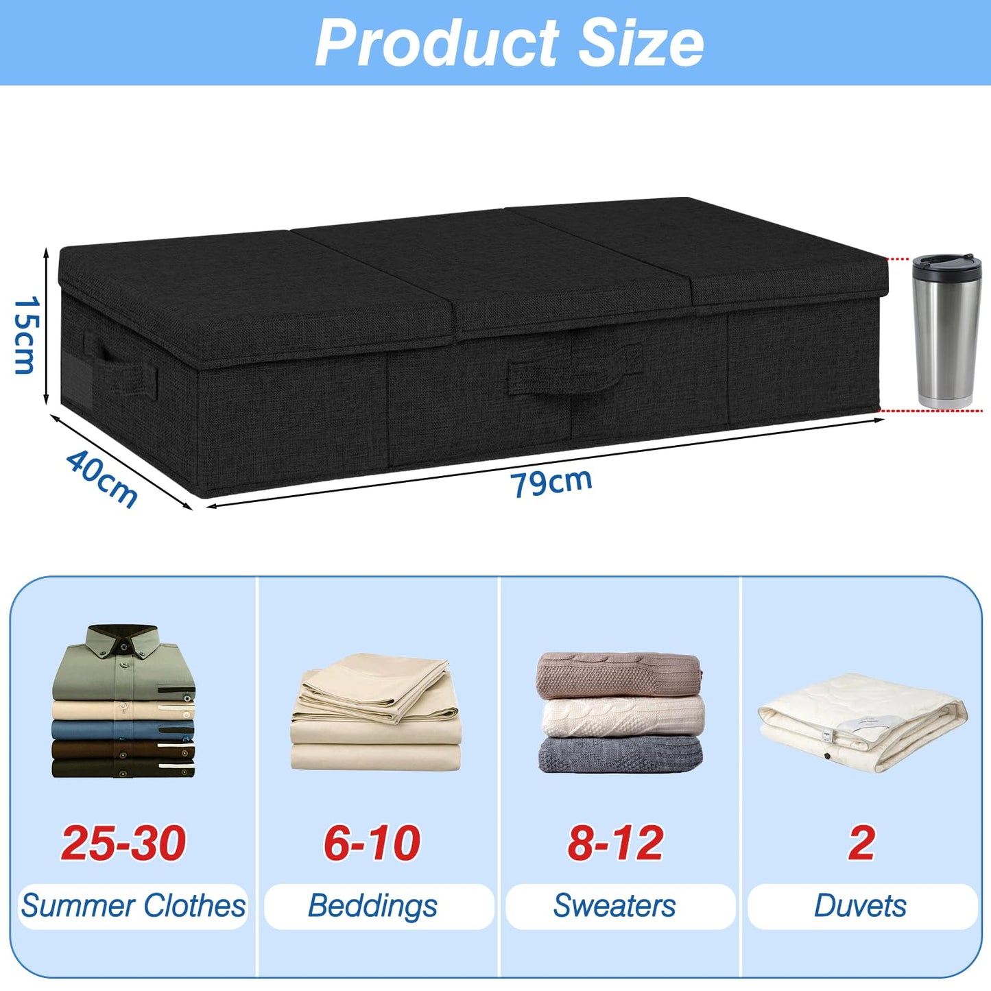 JUPELI Under Bed Storage Box with Lid, 2 Pack Large Underbed Storage Boxes, Foldable Black Under Bed Clothes Storage Box W/Handle, Under Bed Storage