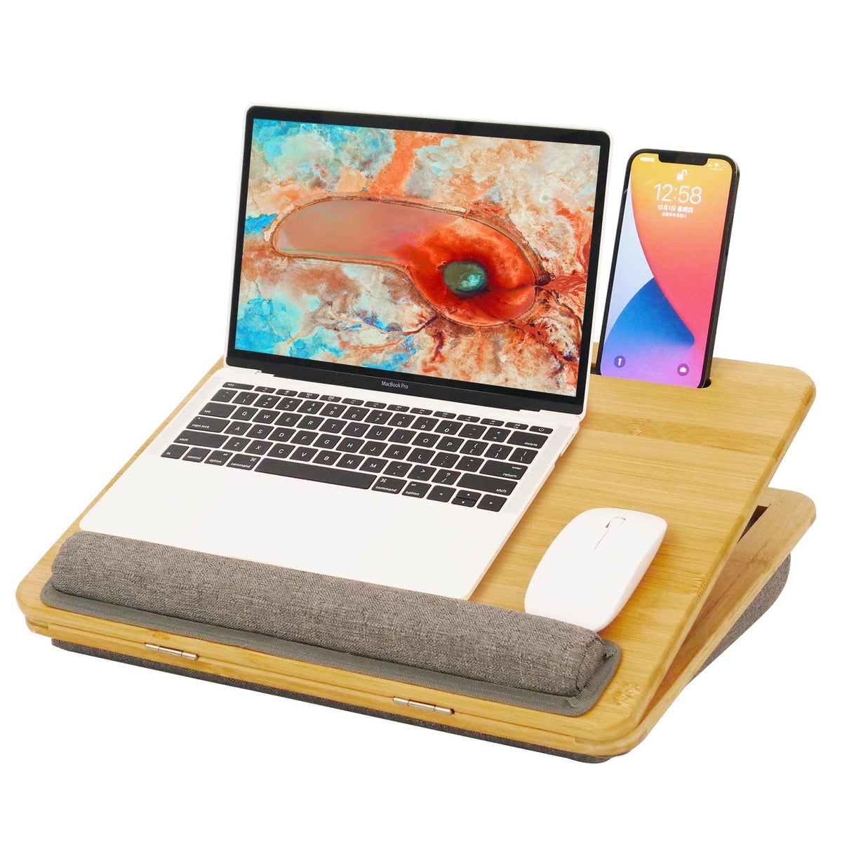 Lap desk,Bamboo Laptop Tray - Ergonomic Design with Cushion. Adjustable Tilt Angle and Height, with Tablet Phone Holder,for Comfortable Work Anywhere
