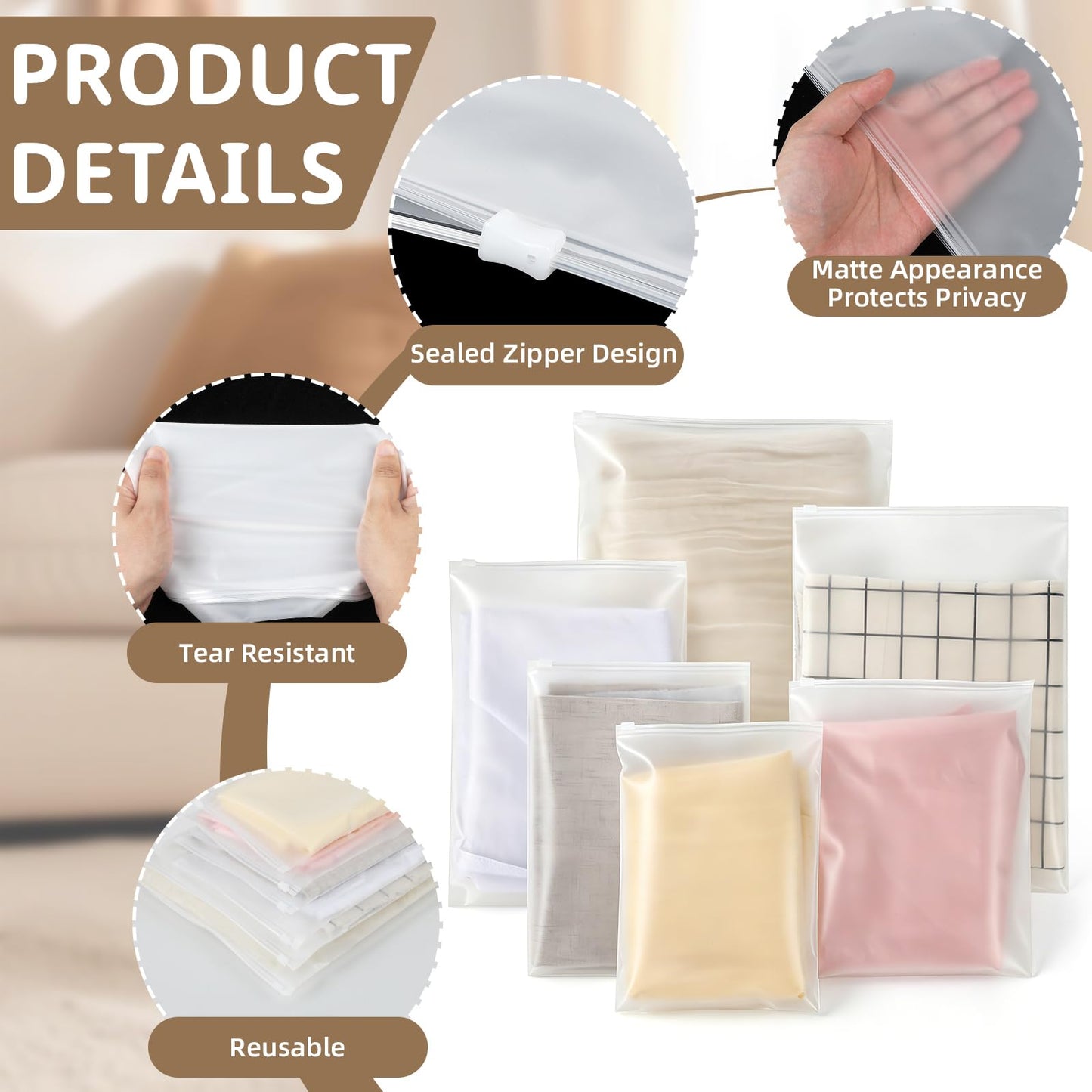 Ziplock Bags for Clothes, 60 Pcs, Multiple Sizes, with Lable Stickers