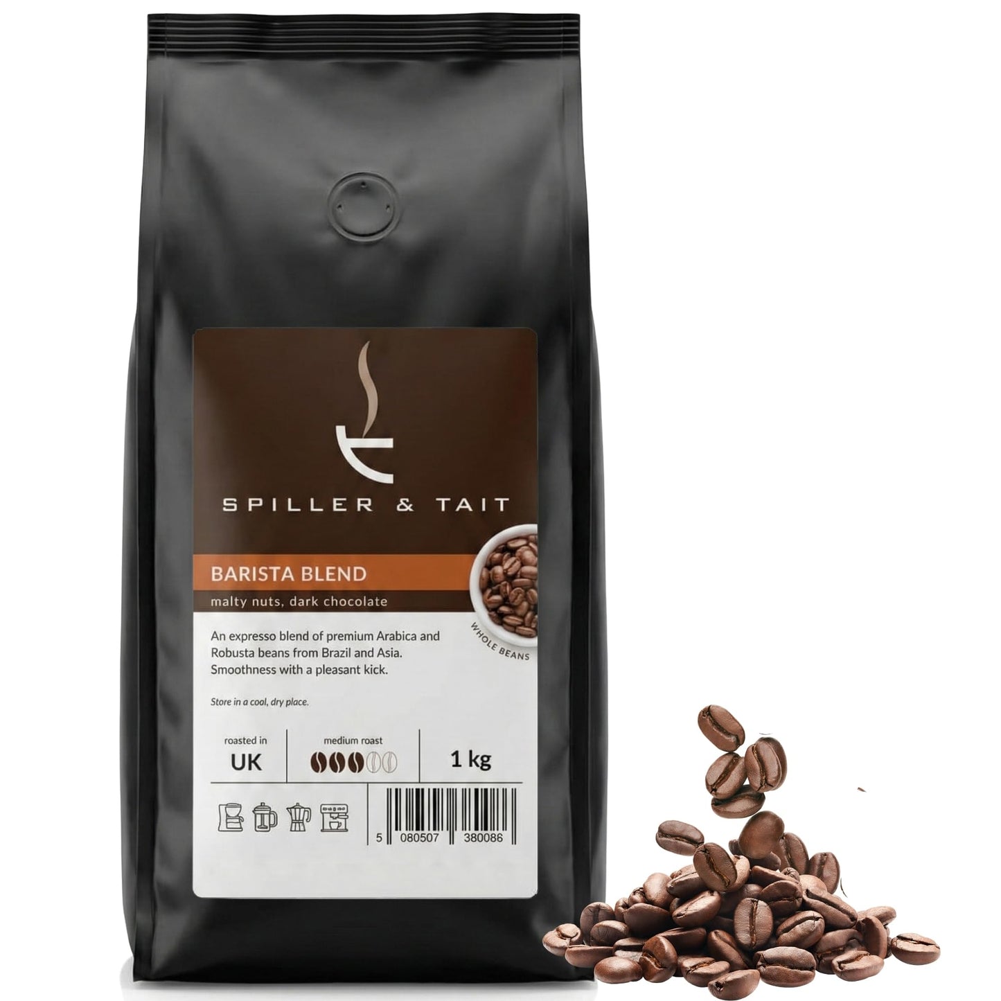 Spiller & Tait Barista Blend Coffee Beans 1kg Bag, Arabica & Robusta Medium Roast Coffee Beans, Ideal for Espresso - Suitable for all Coffee Machines