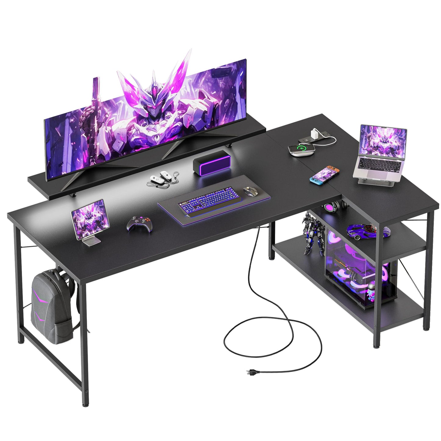 Mericonia Reversible Corner Desk, w. Led & Power Outlets, 140x70cm, Black