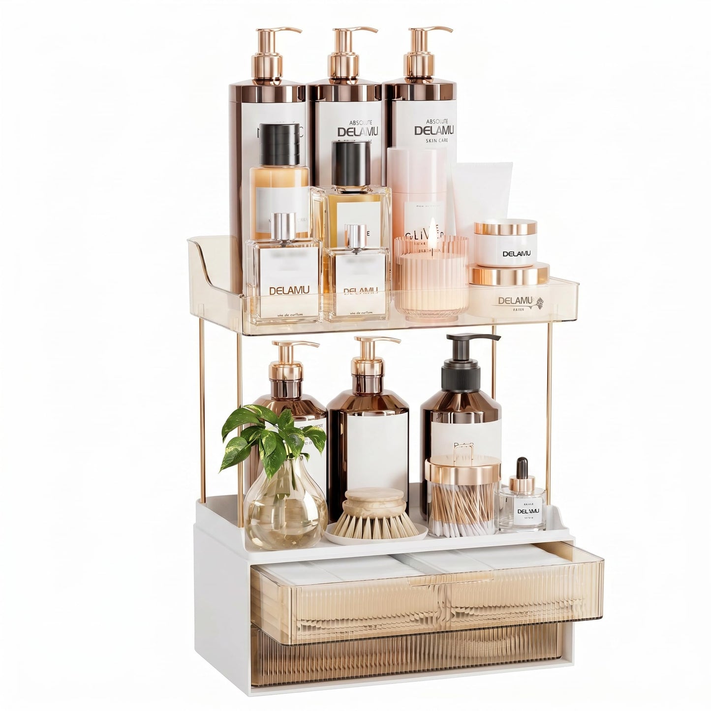 Delamu Makeup Organiser, 2 Tier 2 Drawer Large Cosmetic Storage, Multi-Purpose Vanity Organizer for Makeup Brushes, Skincare, Perfume